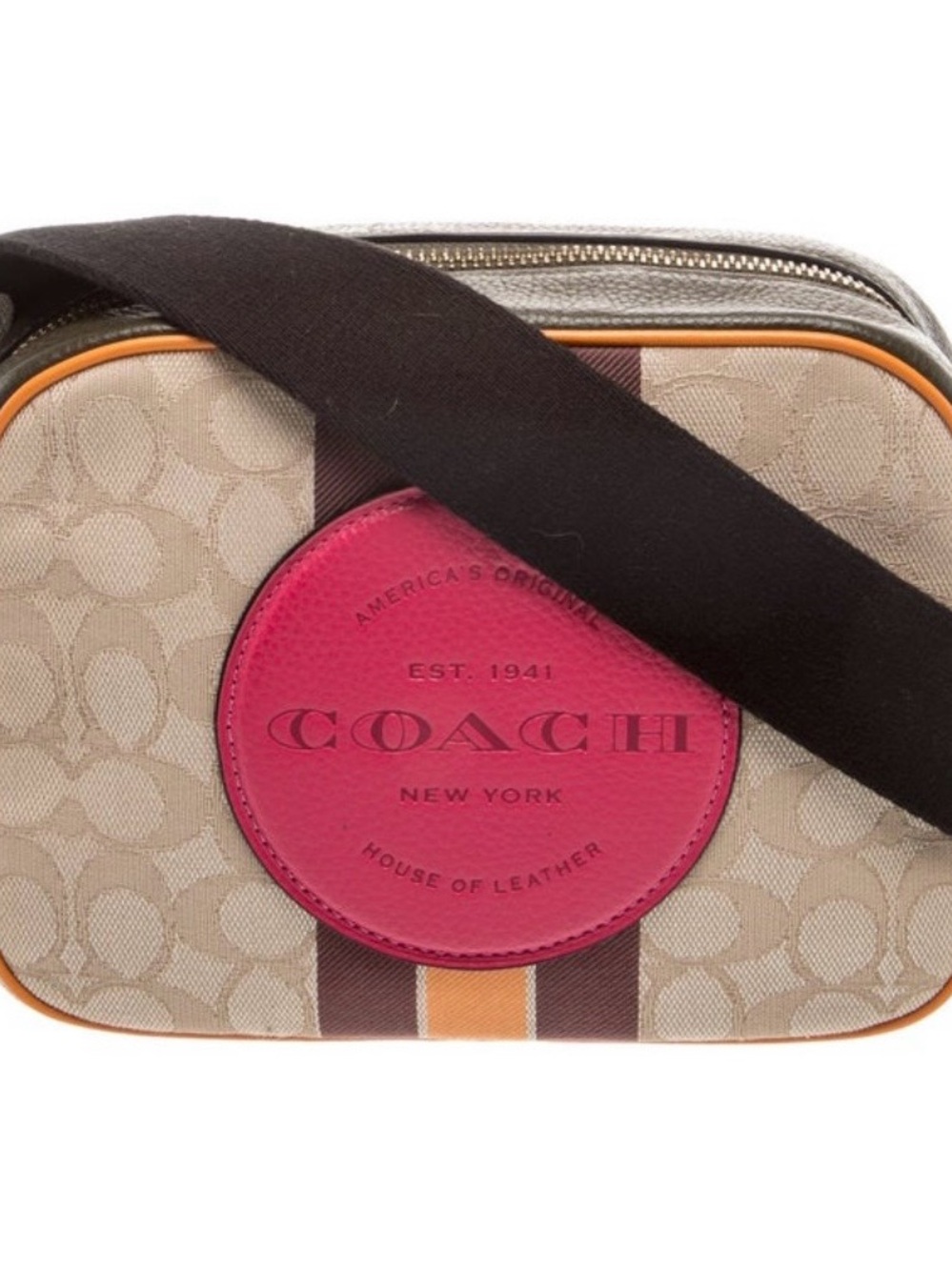 Coach Beige Signature Canvas Crossbody with Pink Logo Patch and Orange Trim